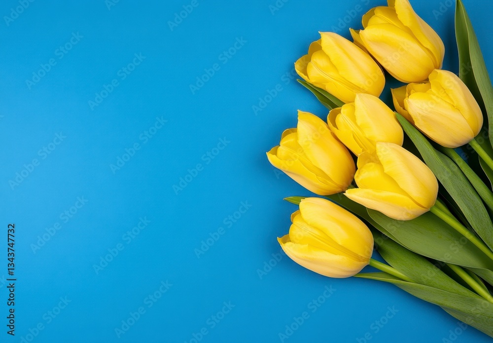 Obraz premium Yellow tulips with green leaves arranged on a blue background. The image features a vibrant color contrast and copy space.