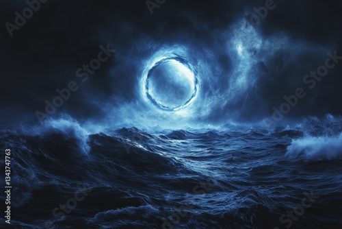 Mysterious luminous portal in stormy ocean at night under dark clouds photo