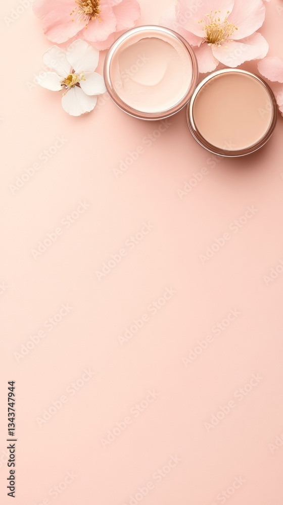 Luxurious creams and delicate flowers on a soft pink background create a tranquil scene for pampering silky feet, ideal for relaxation Luxurious creams and delicate flowers on a soft pink background create a tranquil scene for pampering silky feet, ideal for relaxation