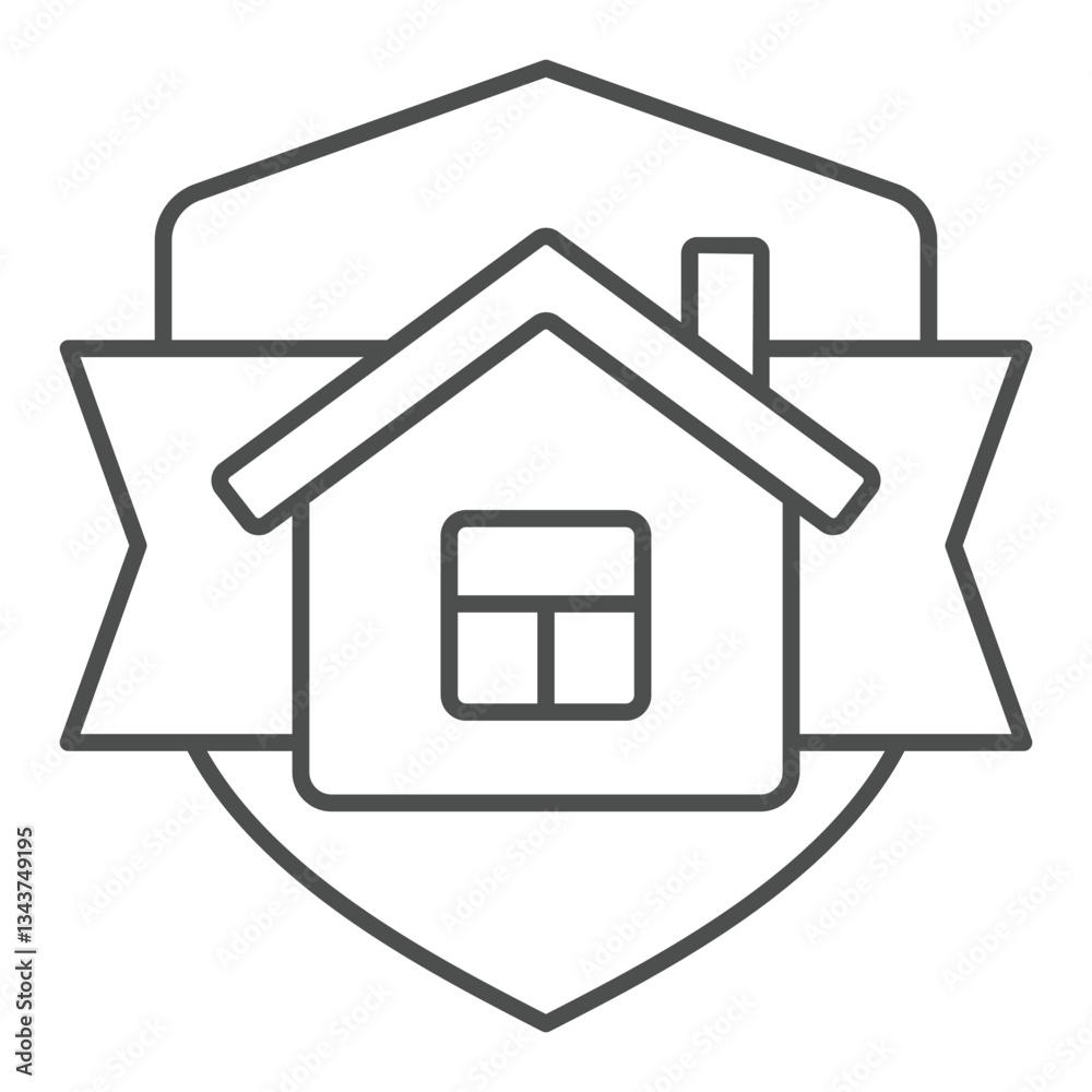 House at ribbon and shield thin line icon, housing market concept. Vector graphics. Cottage building on emblem sign on white background, outline style icon for mobile or web design. House at ribbon and shield thin line icon, housing market concept. Vector graphics. Cottage building on emblem sign on white background, outline style icon for mobile or web design.