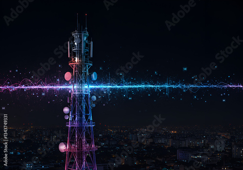 A futuristic telecommunications tower illuminated by colorful digital waves and nodes, symbolizing seamless data connectivity and advanced communication technology