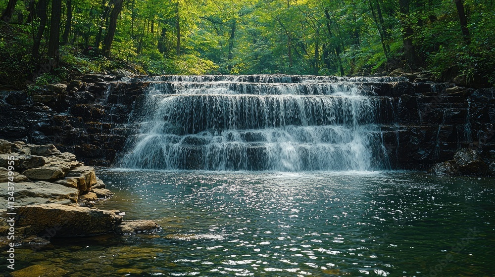 Fototapeta premium Serene waterfall cascading over rocks in a lush green forest setting