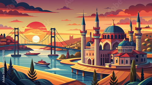 Istanbul Bosphorus panoramic photo. Istanbul landscape beautiful sunset with clouds Ortakoy Mosque, Bosphorus Bridge, Fatih Sultan Mehmet Bridge Istanbul Turkey.Best touristic destination of 