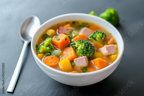 Vegetable Soup with Ham in White Bowl