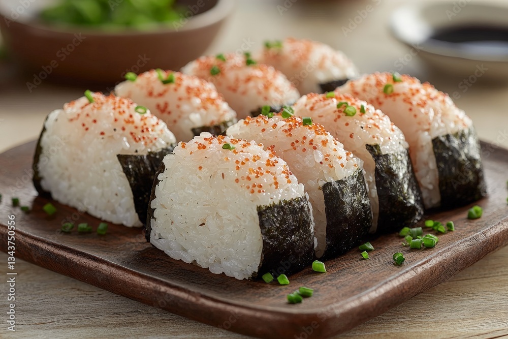 Delicious sushi rolls arranged on a wooden plate with garnishes in a cozy dining setting Delicious sushi rolls arranged on a wooden plate with garnishes in a cozy dining setting
