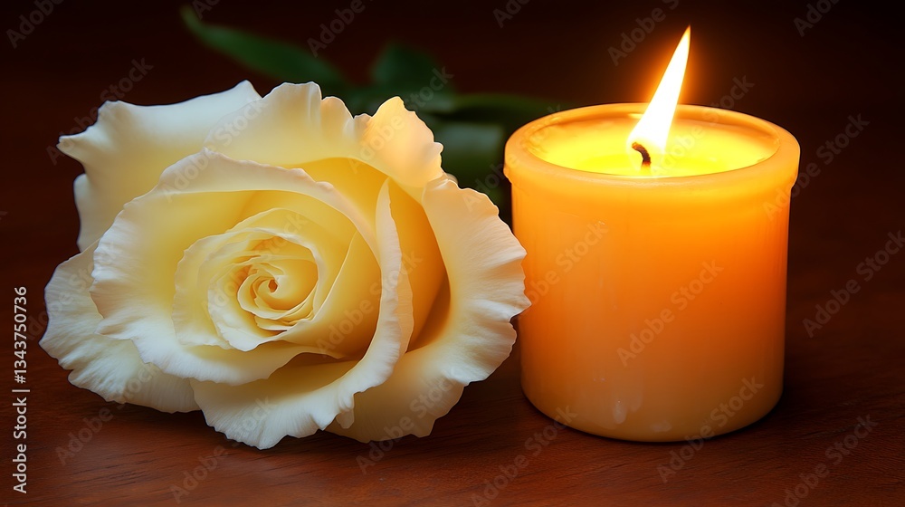 Fototapeta premium A white rose and a burning candle sit close together