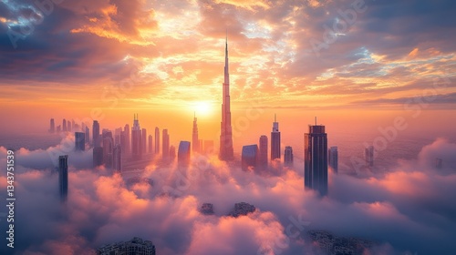 City skyline above clouds at sunset