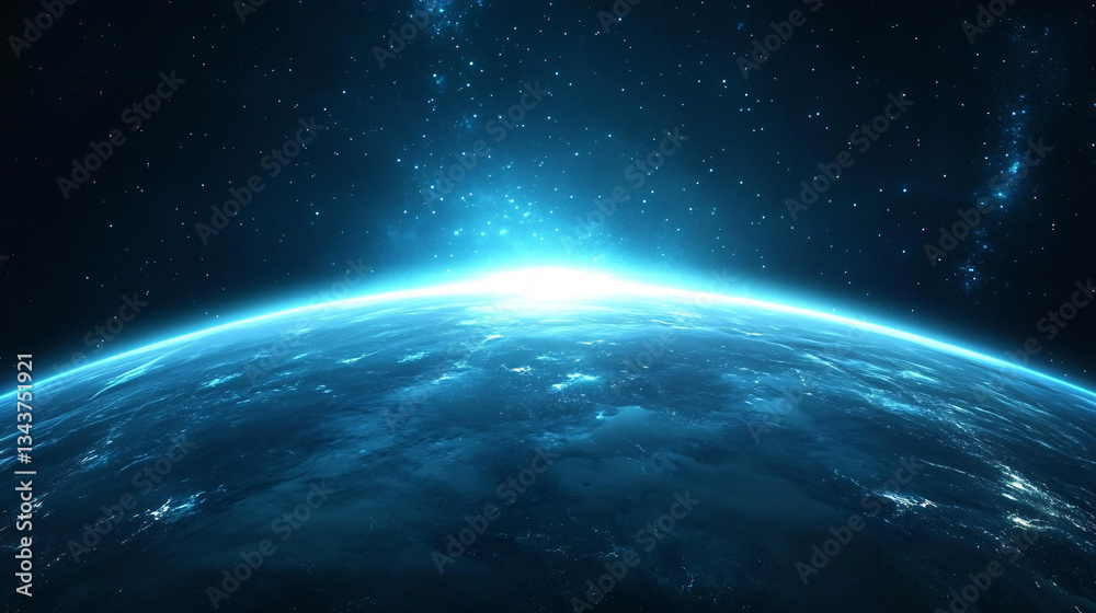 a dramatic space view of Earth from the horizon shows a glowing edge beneath a starry deep blue sky
