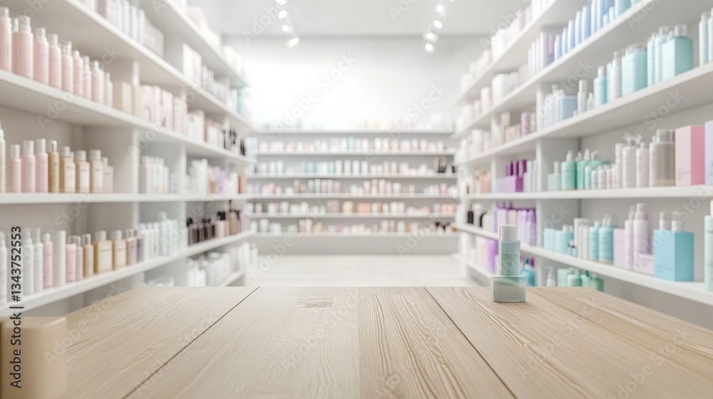 Serene Beauty Store Interior: Wooden Table Display with Pastel Cosmetics Serene Beauty Store Interior: Wooden Table Display with Pastel Cosmetics