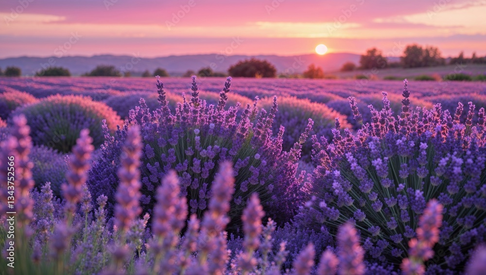 Naklejka premium Endless rows of lavender glowing under warm sunset light, soft pink and orange hues in the sky