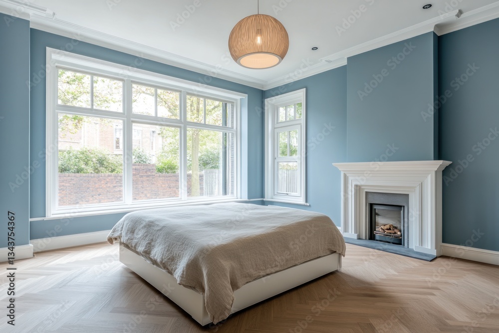 Fototapeta premium Modern Bedroom with Large Windows and Fireplace, Interior Design