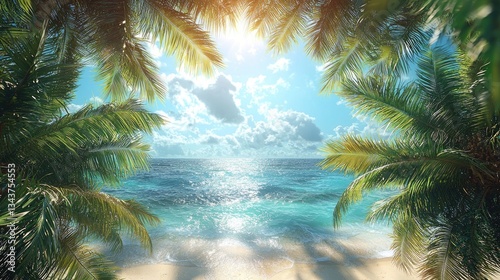 Serene Tropical Beach Scene with Lush Palm Trees Framing the Ocean View