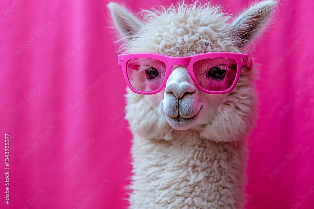 Naklejka premium Llama wearing pink glasses poses confidently against a vibrant pink background
