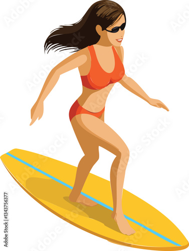 3D Surfer Riding Wave vector illustration. Realistic Surfing Athlete Vector. Surfer Balancing on Board 3D Illustration