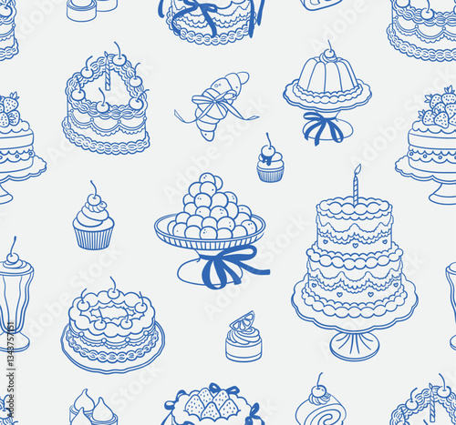 Seamless pattern of cakes. Line art, ink, minimalist style. Vector illustration. Party collection.