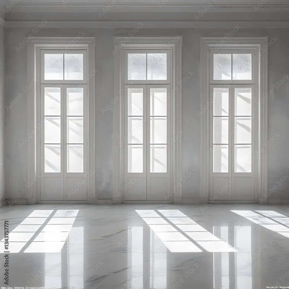 Fototapeta premium A white room with three windows and white doors