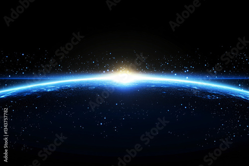 A sunrise over the Earth from space with glowing blue light and a starry background symbolizing new beginnings and technology
