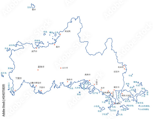 山口県　地図　白　斑点　イラスト