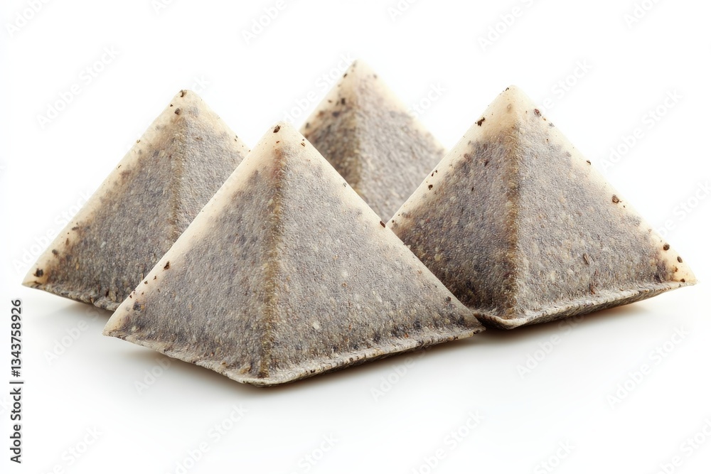 Unique pyramid-shaped tea bags arranged aesthetically for tea brewing process at home
