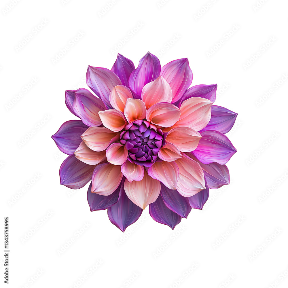 Obraz premium A vibrant dahlia flower with layers of pink and purple petals, showcasing intricate details and rich colors.