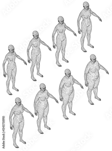 A series of figures are shown in a line, with each figure same pose. The figures are from slim to obesity. Isometric view