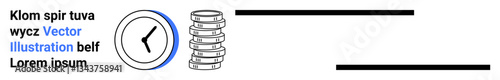 Clock with simple design, stack of coins symbolizing wealth, modern horizontal lines. Ideal for finance, time management, savings, digital economy, minimal design, abstract concepts simple landing