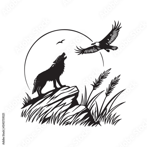 silhouette  vector,A fox, looking up at the flying bird.