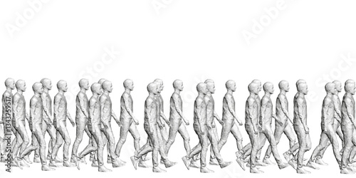 A group of people walking in a line. The people are all dressed in black and white. The image has a sense of motion and movement, as if the people are walking in a parade or a marching band