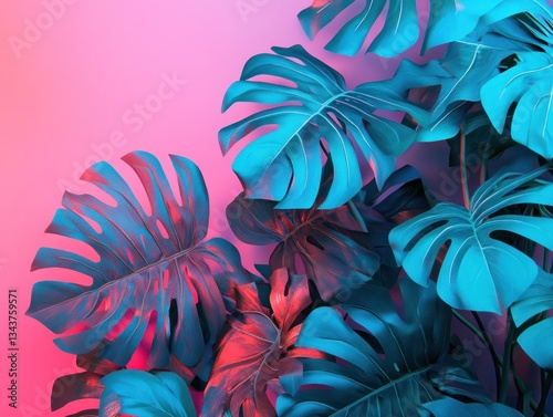 Vibrant Blue Monstera Leaves Pink Background Neon Style