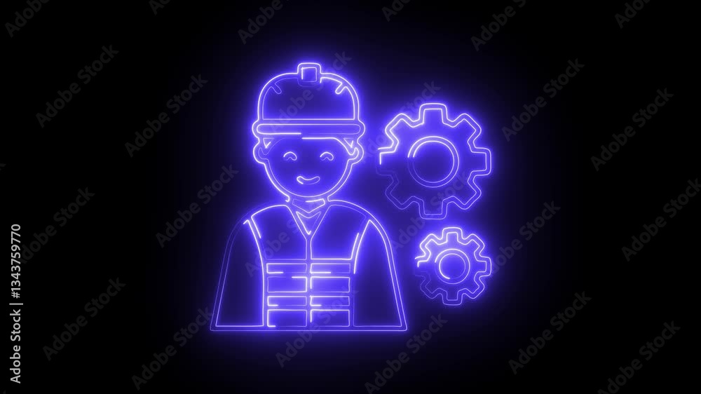 Glowing neon construction worker icon isolated on black background. HD Video motion graphic animation Glowing neon construction worker icon isolated on black background. HD Video motion graphic animation