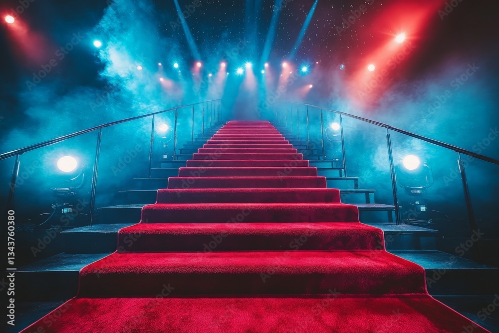 Bright lights illuminate a red carpet staircase leading to a performance stage in a lively venue during an evening show
