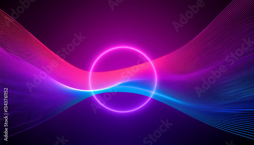 3D Colored neon horizontal motion sound wave abstract on purple-pink background, and a line with ellipse.