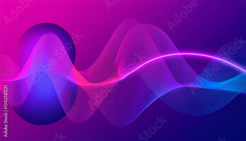 3D Colored neon horizontal motion sound wave abstract on purple-pink background, and a line with ellipse.