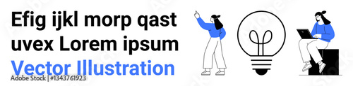 Standing person gesturing, seated individual on laptop, abstract light bulb, dummy text. Ideal for teamwork, innovation, brainstorming, education, technology business a simple landing page