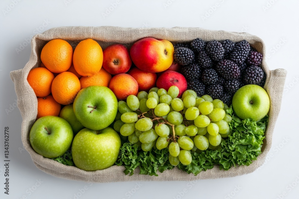 Fresh assortment of fruits and vegetables in a woven basket on a light surface Fresh assortment of fruits and vegetables in a woven basket on a light surface
