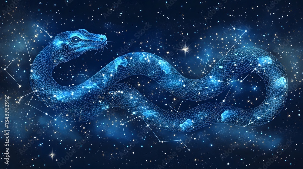 A mesmerizing cosmic snake formed by stars and constellations in deep space. A digital art piece blending fantasy and astronomy. Animal star constellation. Sky zodiac horoscope Celestial Serpent A mesmerizing cosmic snake formed by stars and constellations in deep space. A digital art piece blending fantasy and astronomy. Animal star constellation. Sky zodiac horoscope Celestial Serpent