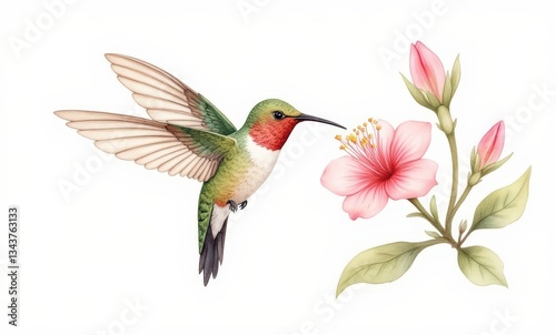 Colorful hummingbird by pink flower