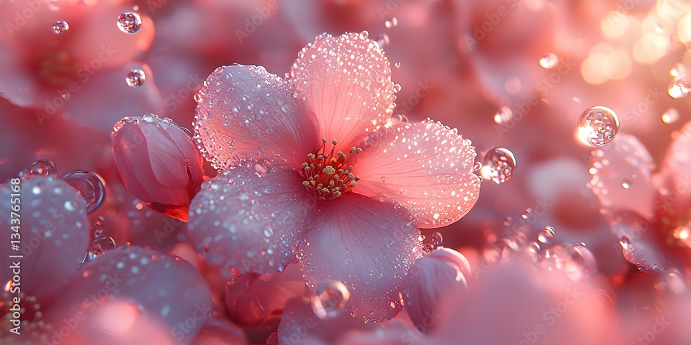 Stunning Pink Flower with Dew Drops in Soft Natural Light Stunning Pink Flower with Dew Drops in Soft Natural Light