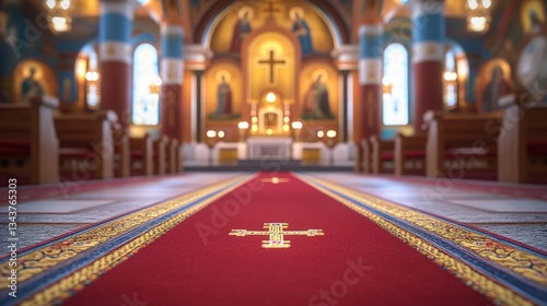 Serene church interior featuring a vibrant red carpet leading to the altar