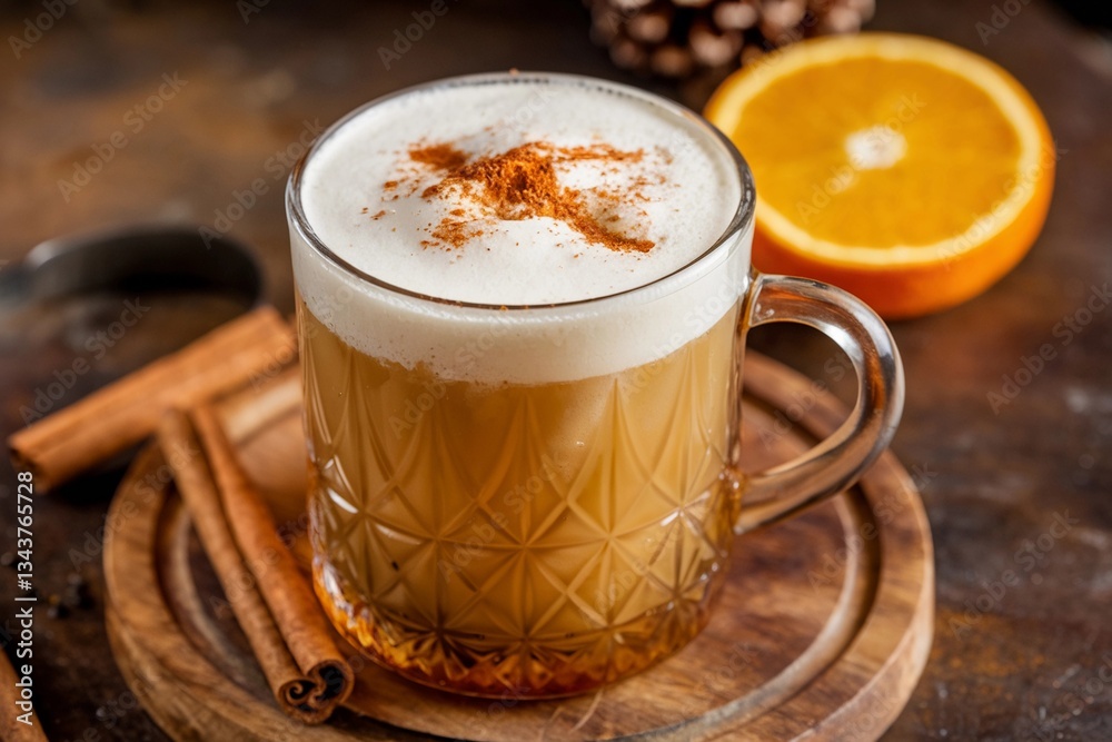 Warm spiced beverage with orange slice and cinnamon on rustic wooden table Warm spiced beverage with orange slice and cinnamon on rustic wooden table