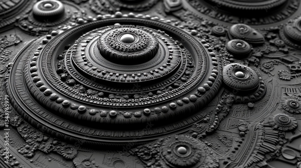 Obraz premium Intricate Black Circular Patterns with Textures and Depth Effects