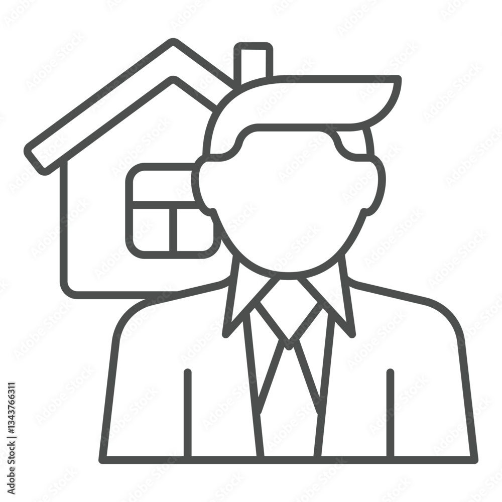 Agent man at house thin line icon, real estate concept. Vector graphics. Man with cottage building sign on white background, outline style icon for mobile or web design. Agent man at house thin line icon, real estate concept. Vector graphics. Man with cottage building sign on white background, outline style icon for mobile or web design.