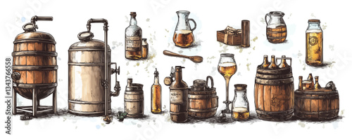 Vintage brewery equipment and beer bottles display illustration