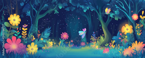 Enchanted forest night scene with glowing flowers and butterflie