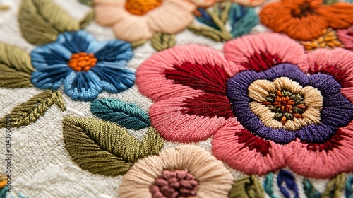 A close-up of a crewel embroidery design, showcasing delicate floral and botanical patterns with rich textures and vibrant colors