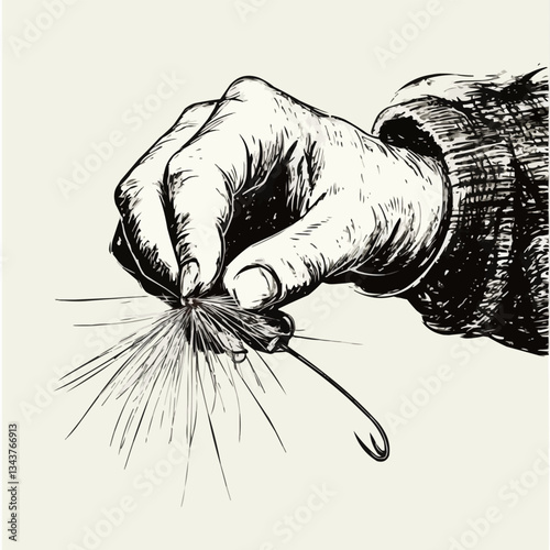Monochrome sketch of hand tying fly fishing hook craftsmanship