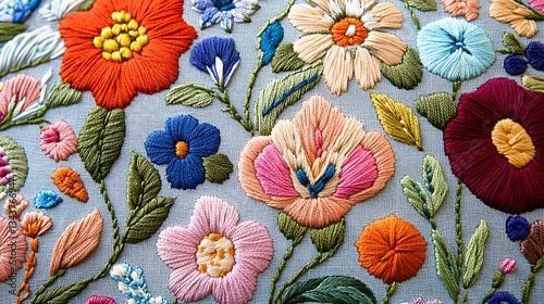 A close-up of a crewel embroidery design, showcasing delicate floral and botanical patterns with rich textures and vibrant colors