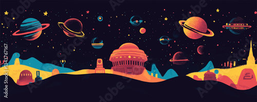 Vibrant cosmic landscape with colorful planets and futuristic st