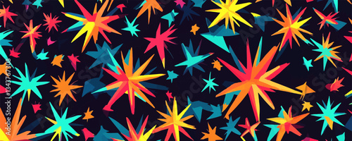 Colorful geometric star pattern on black background with vibrant