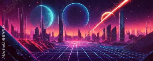 Futuristic neon cityscape with geometric patterns and planetary